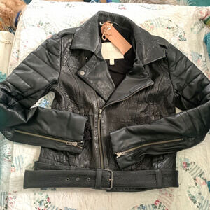 SUPER LUXE BLACK LEATHER FITTED QUILTED LEATHER MOTO BIKER JACKET